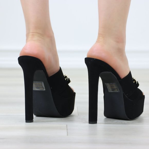 Black Faux Velvet Open Toe Slip On Platform Heels Gold Tone Chain Detailing - Picture 6 of 12